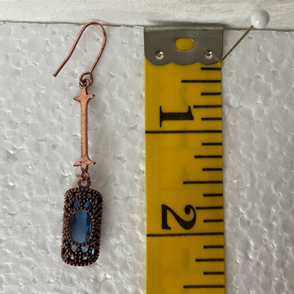 Copper Tone Drop Earrings Pierced with Blue Gemstone - Picture 5 of 6